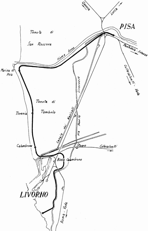 4/ - La planimetria della linea Pisa-Tirrenia-Livorno in un disegno di Adriano Betti Carboncini