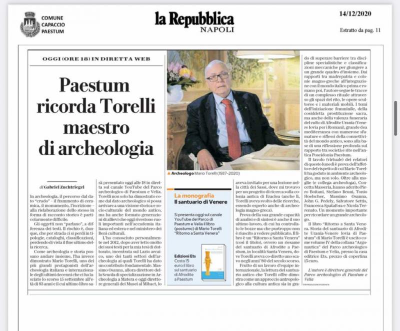 Repubblica, Paestum ricorda Torelli, maestro di archeologia